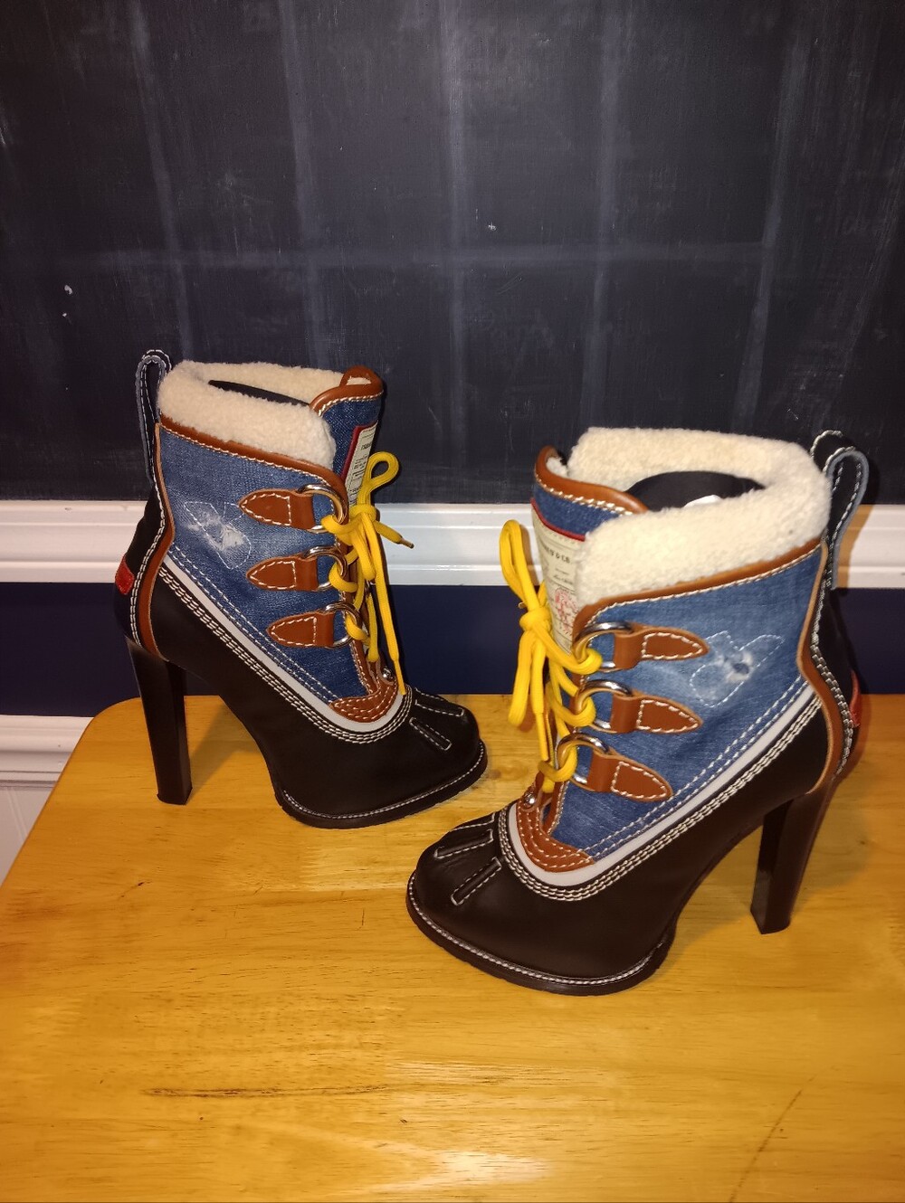 DSQUARED2 Rare Denim Shearling Lace Up Heeled Boots Size 38 - Picture 2 of 6